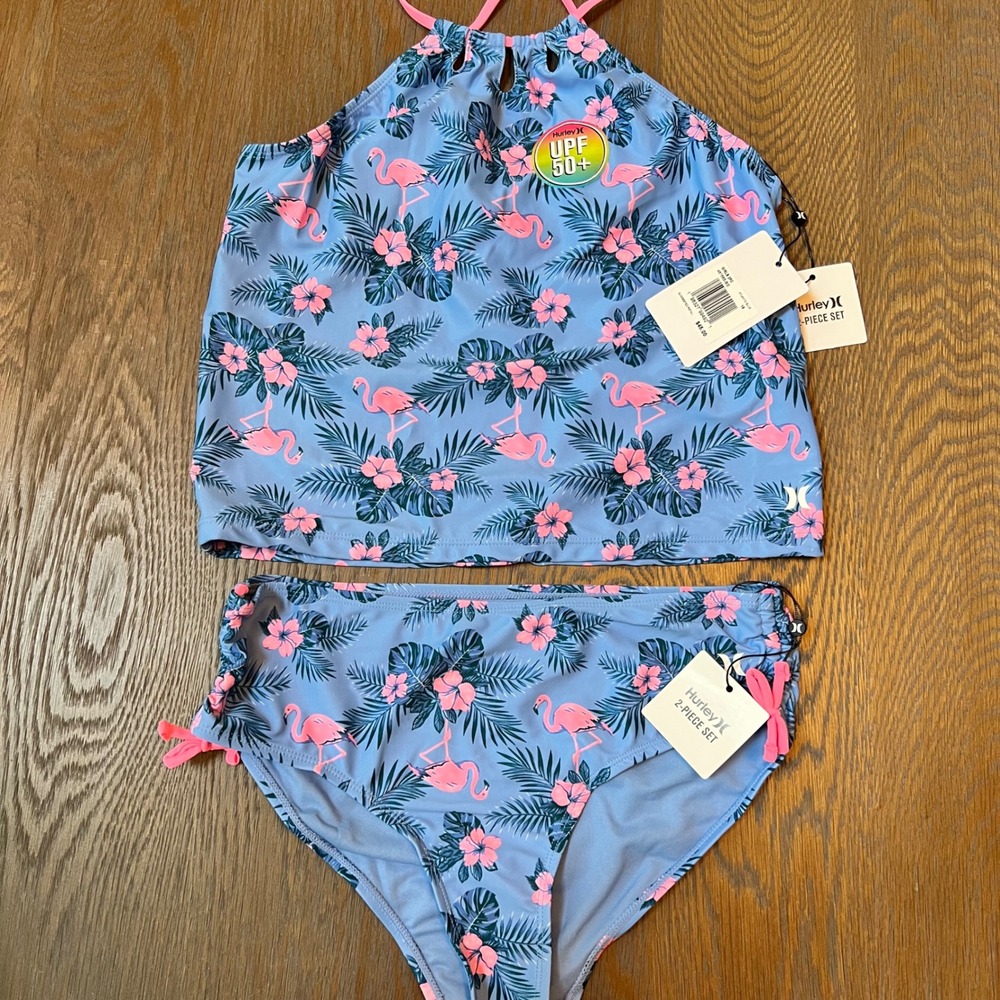 Hurley Kids Girls Flamingo Tropical 2 Piece Swimsuit Set UPF 50+